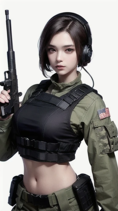 a woman in a white outfit holding a rifle and wearing headphones, 24-year-old woman, Filipino woman, tan bronze skin, soldier girl, mechanized soldier girl, military girl, beautiful female soldier, female lead character, infantry girl, of a sniper girl in war, solo female character, future combat gear, close up half body shot, Women in crop top military bulletproof vest, ((showing navel)), exposed abdomen area, quiet from metal gear solid v, wearing tactical gear, dressed in tactical armor,