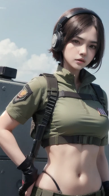 a woman in a white outfit holding a rifle and wearing headphones, 24-year-old woman, Filipino woman, tan bronze skin, soldier girl, mechanized soldier girl, military girl, beautiful female soldier, female lead character, infantry girl, of a sniper girl in war, solo female character, future combat gear, close up half body shot, Women in crop top military bulletproof vest, ((showing navel)), exposed abdomen area, quiet from metal gear solid v, wearing tactical gear, dressed in tactical armor,