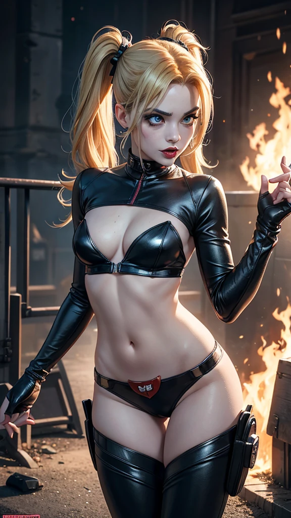 Harley Quinn injustice version 2, mujer sexy,dc comics, desnuda,small, joven, cuerpo muy delgado, super skynny body, small and beautiful buttocks, abdomen tonificado, puedo ver sus senos grandes y perfectos,, guantes, botas, pose sexy, malevolent, obscena, poderosa, super sensual, She is standing on the Batmobile that is on fire, Dramatic background, en el fondo eata Arkham Asylum en llamas, apocalyptic atmosphere, joker, mirada sensual, ojos azules y hermosos, classic two pigtails hairstyle,Hair dyed in bright blonde color, Best quality,4K,8K,A high resolution,Masterpiece,Ultra detailed,Realistic, Photorealistic,photo realistic