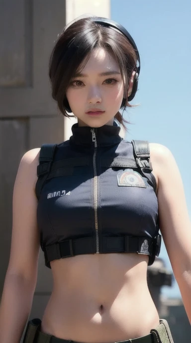 a woman in a white outfit holding a rifle and wearing headphones, 24-year-old woman, Filipino woman, tan bronze skin, soldier girl, mechanized soldier girl, military girl, beautiful female soldier, female lead character, infantry girl, of a sniper girl in war, solo female character, future combat gear, close up half body shot, Women in crop top military bulletproof vest, ((showing navel)), exposed abdomen area, quiet from metal gear solid v, wearing tactical gear, dressed in tactical armor,