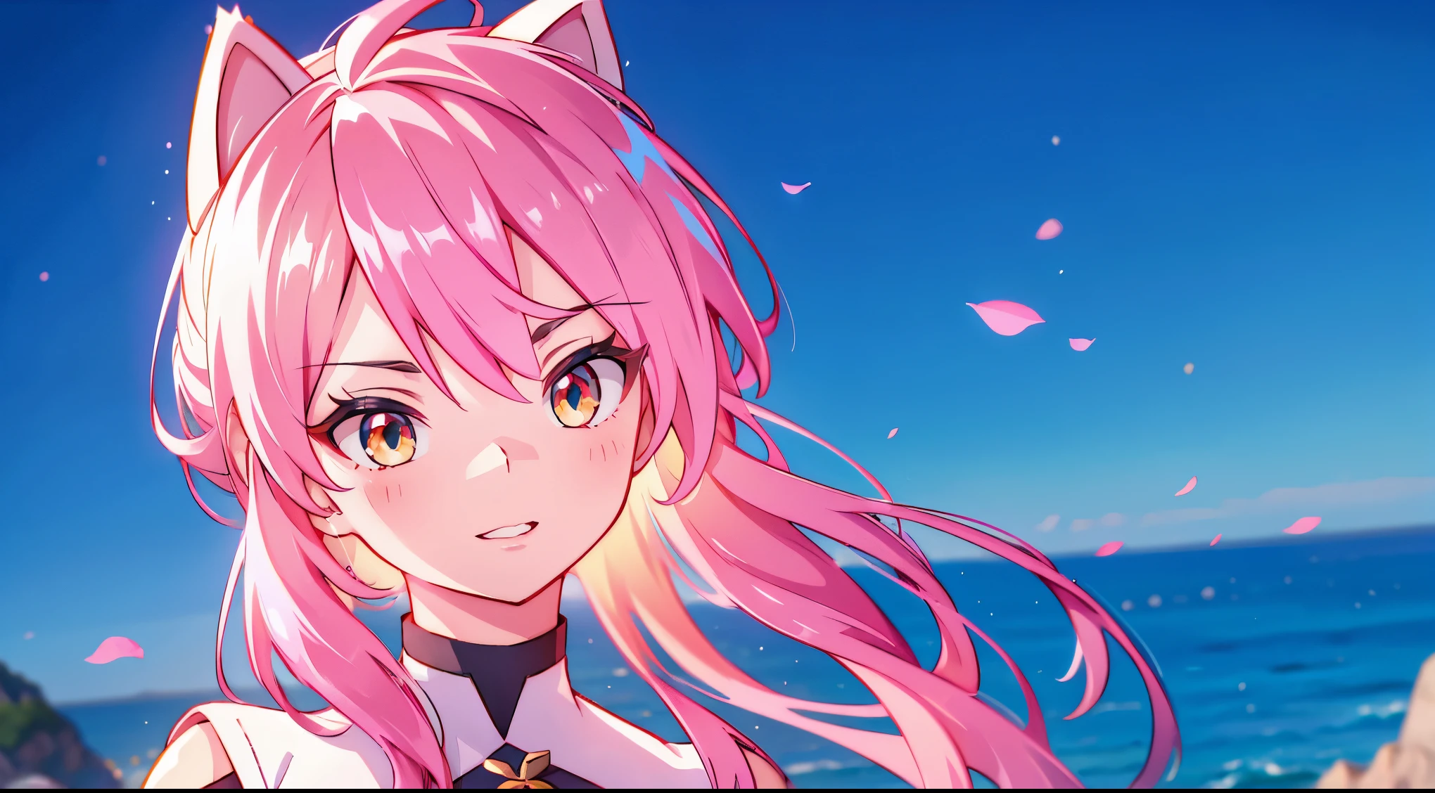 An anime girl with cat ears. Fake cat ears, und die Katzenohren sind goldend umrandet auf dem Kopf, lange pinke Haare, sehr lange Haare, leuchtende pinke Haare, white miniskirt with gold belt, She wears white gloves on her hands, pinker BH pinker Tanger, um den Hals ein goldenes Halsband, Blick zum Betrachter, 
sexy, large , knackiger saftiger Arsch, langgezogene gelbe Augen mit pinken Fragmenten, niedliches Gesicht",,