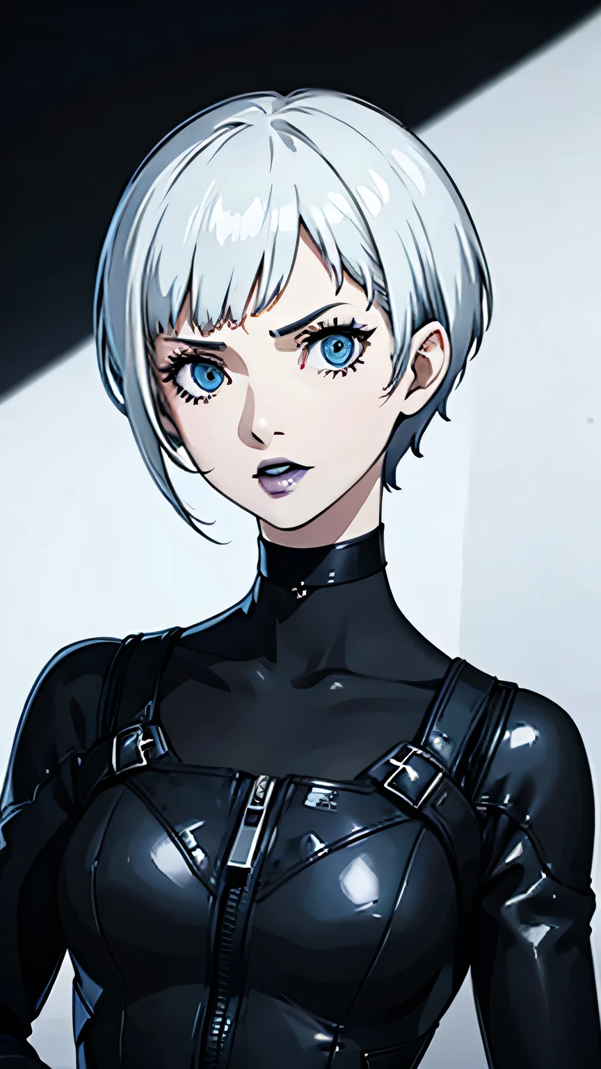 1 girl, blue eyes, very Short hair, black choker, Black lipstick, portrait, angry, white hair, Black combat suit, Pixie haircut