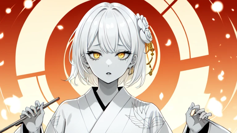 best quality, highres, masterpiece, monochrome, spot color, 1 girl, yellow eyes, white hair, short hair, hollow eyes, glowing eyes, detailed face, shiny skin, vibrant colors, intense lighting,yukata,wearing japanese yukata