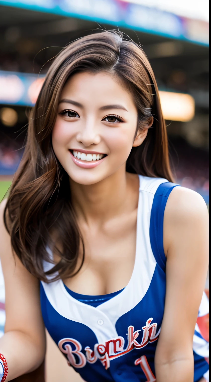 Highest Resolution, 4K, masterpiece: 1.3), Japanese Mature, A photo of a woman, sexy: 1.1, Beautiful Eyes, Slim figure, Realistic teeth, double eyelid, smile, whole body, highest quality, detailed, beauty, Beer seller, At the baseball stadium