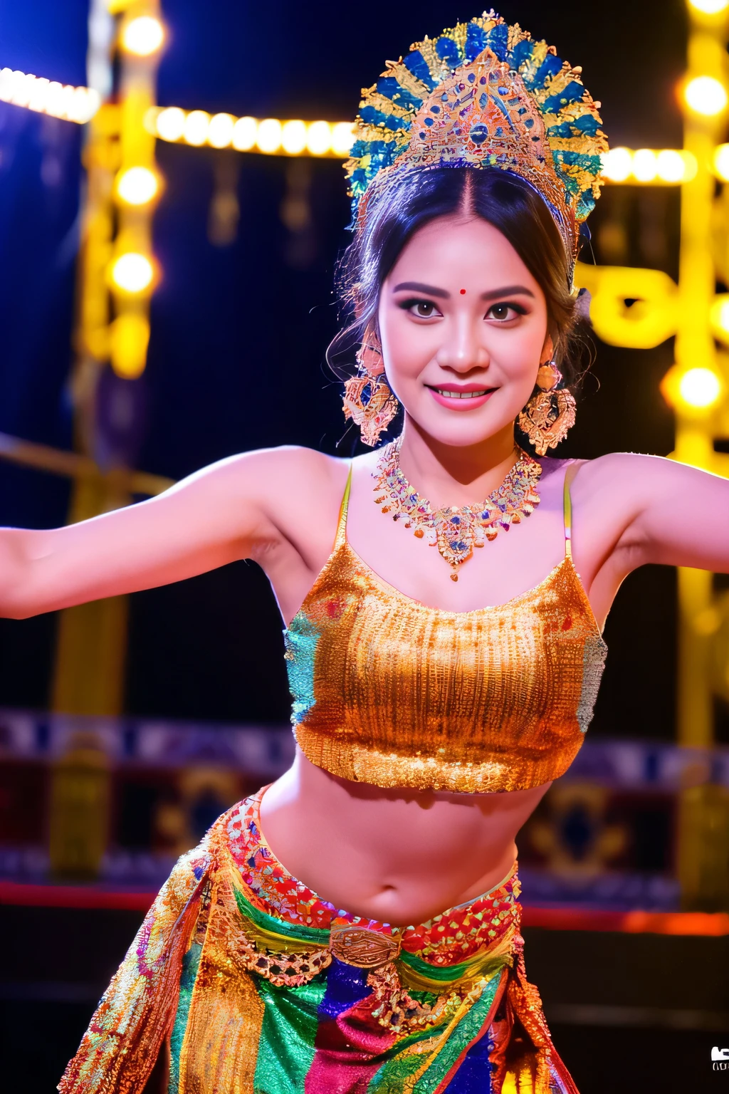 shimmering costume, graceful movements, vibrant colors, ornate jewelry, decorative veil, captivating eyes, captivating performance, traditional music, cultural celebration, dimly lit stage, mysterious ambiance, elegant posture, confident presence, alluring charm, mesmerizing audience, cultural diversity, empowering image, contemporary fashion, embracing heritage. (best quality, highres, ultra-detailed, realistic, vivid colors, bokeh, stage lighting)