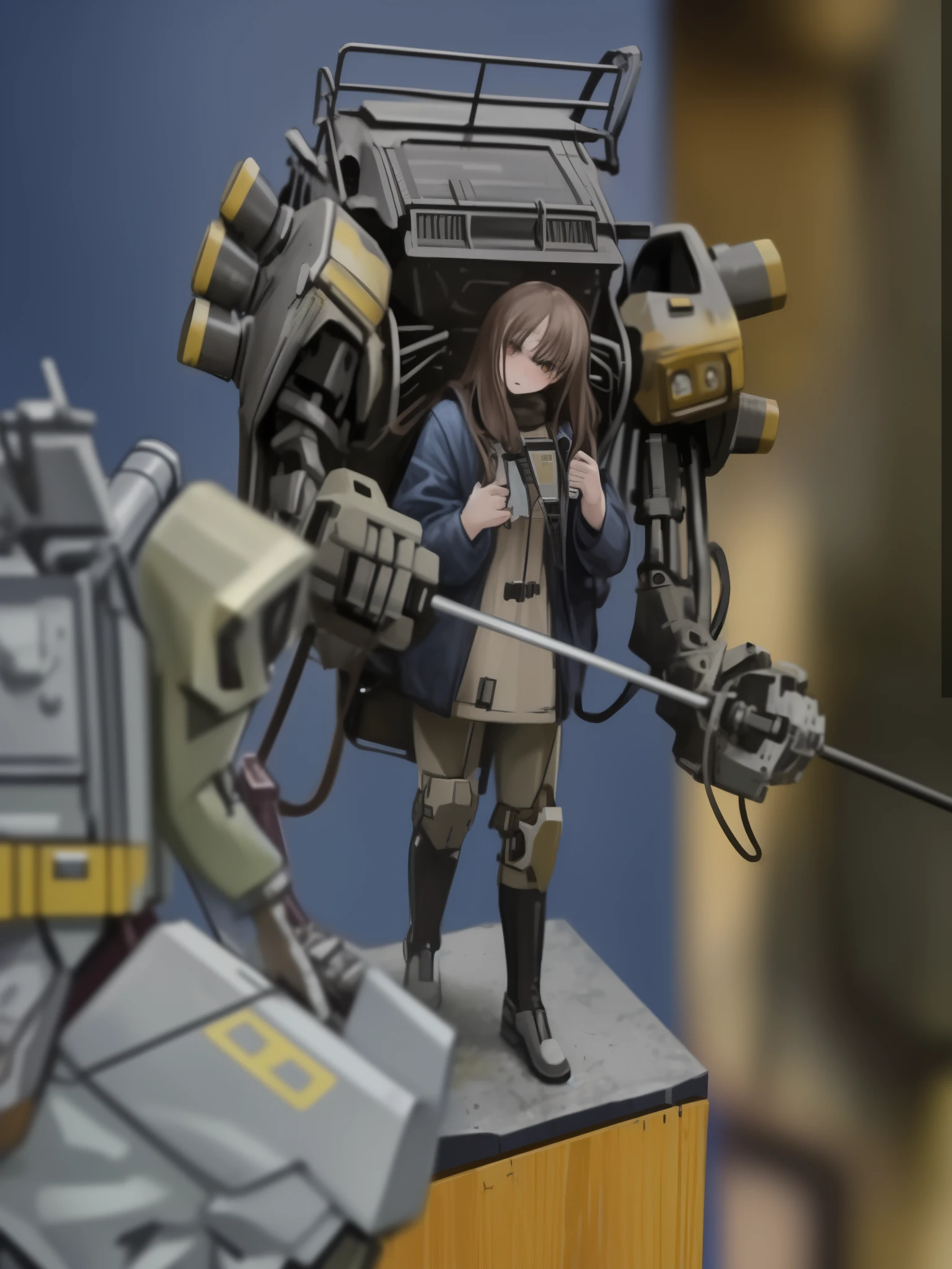 (brown long hair swept bangs:1.3), there is a toy soldier with a gun and a machine gun, metal gear mech, discarded mech in background, kitbash, great level of detail, painterly humanoid mecha, miniaturecore, scale model photography, threea toys, konami mecha, postapocalyptic, action figure mecha, humanoid mech, mechanized soldier girl
