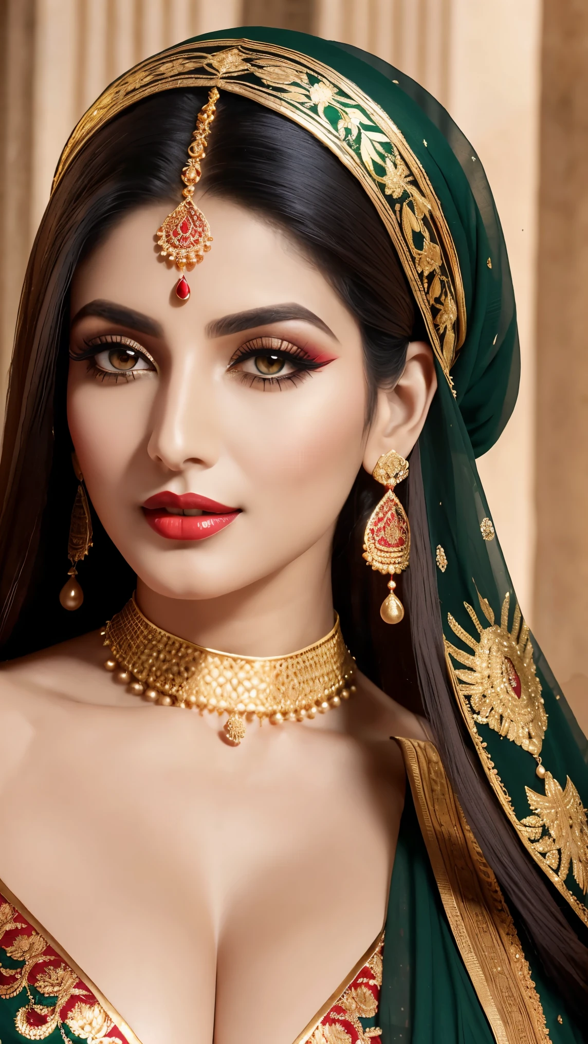 hot arabic mature queen,Her hair is long, dark, and lustrous, partially visible beneath the elegantly draped dupatta that adorns her head and shoulders, respecting her tradational heritage. The dupatta, a piece of fine, lightweight fabric, is richly embroidered with traditional palace motifs, incorporating colors like deep reds, vibrant greens, and golds, symbolizing the richness of her culture,voloptuous,slight fat,red lips,gigantic_breast,mature,sexy,beauty,perfect face,perfect eyes,hd makeup,shimmery makeup,
