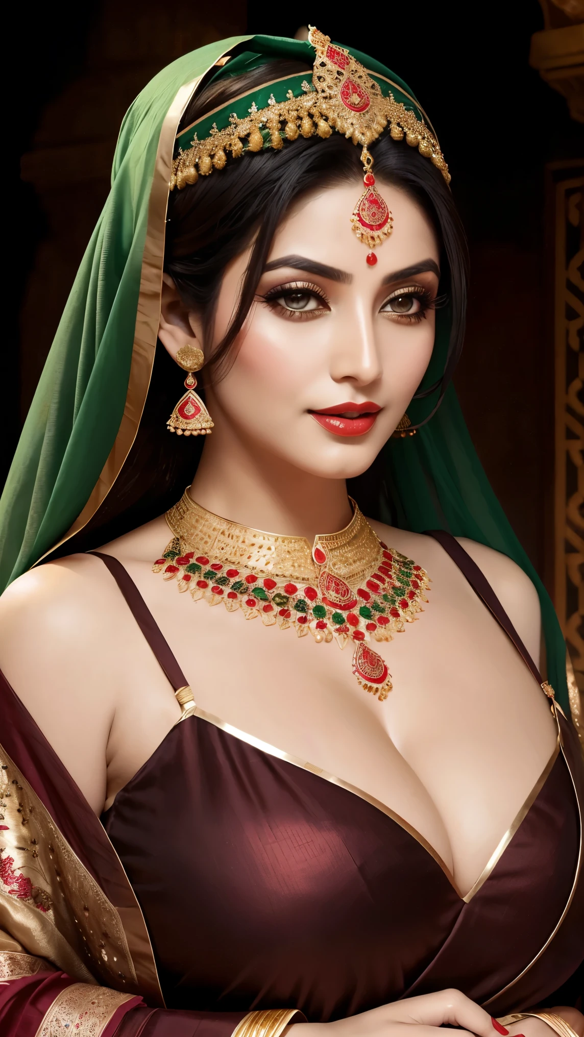 hot arabic mature queen,Her hair is long, dark, and lustrous, partially visible beneath the elegantly draped dupatta that adorns her head and shoulders, respecting her tradational heritage. The dupatta, a piece of fine, lightweight fabric, is richly embroidered with traditional palace motifs, incorporating colors like deep reds, vibrant greens, and golds, symbolizing the richness of her culture,voloptuous,slight fat,red lips,gigantic_breast,mature,sexy,beauty,perfect face,perfect eyes,hd makeup,shimmery makeup,
