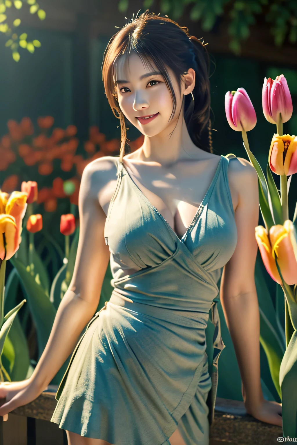 An innocent 20-year-old girl, (Wrap top:1.5), (Tulip skirt:1.5), (high heels), (Dramatic Pose),smile, (High Ponytail),natural Park、RAW Photos, (8k, highest quality, masterpiece:1.2), (Intricate details:1.4)、(Photorealistic:1.4), Octane Rendering, Complex 3D rendering with ultra-detail, Studio Soft Light, Rim Light, Vivid details, Super Detail, Realistic skin texture, Detailed aspect, Beautiful details in the eyes, Highly detailed CG Unity 16k wallpaper, compensate, (Detailed Background:1.2), Glowing Skin, whole body, (thin legs:1.2), (small waist), (Cleavage), (looking at viewer:1.2)