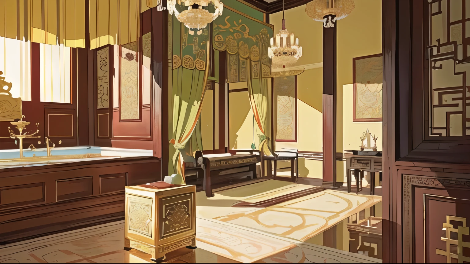 There is a room，There is a bathtub and a table inside, Beautiful rendering of the Tang Dynasty, Tang Palace, In line with Chinese aesthetics, Beautifully designed throne room, Interior Background Art, Personal room background, Palace Background, Indoor tent background, asian interior decoration, Decadent throne room, Royal interior, Highly detailed environments, house interior, Concept art is very detailed