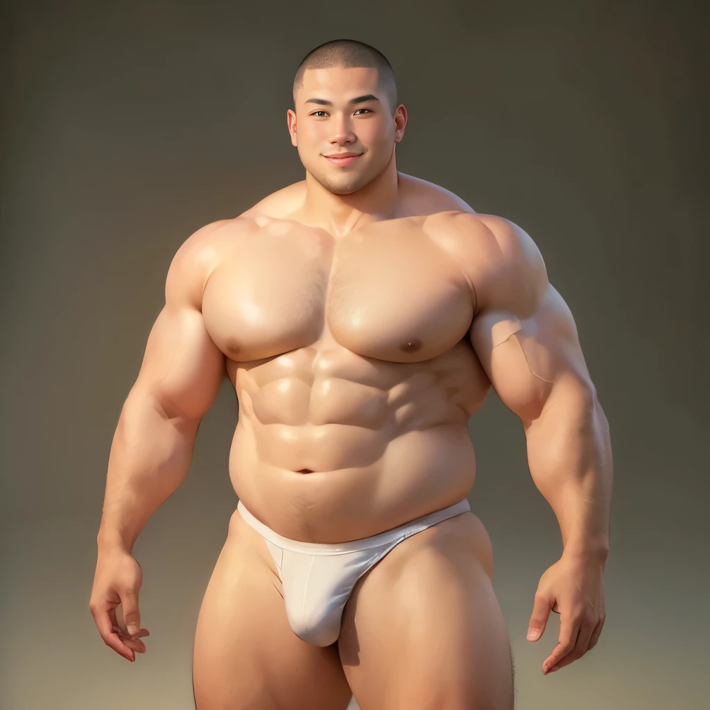 (highest quality:1.5), (masterpiece:1.5), (Simple Background:1.2), (Japanese:1.2), solo, shaved head, fat, (Huge body:1.2), naked, (speedo:1.2), 20-year-old, Smile, Are standing