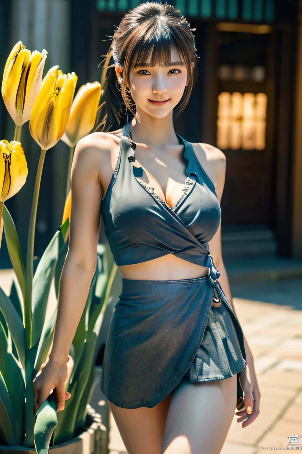 An innocent 20-year-old girl, (Wrap top:1.5), (Tulip skirt:1.5), (high heels), (Dramatic Pose),smile, (High Ponytail),downtown、RAW Photos, (8k, highest quality, masterpiece:1.2), (Intricate details:1.4)、(Photorealistic:1.4), Octane Rendering, Complex 3D rendering with ultra-detail, Studio Soft Light, Rim Light, Vivid details, Super Detail, Realistic skin texture, Detailed aspect, Beautiful details in the eyes, Highly detailed CG Unity 16k wallpaper, compensate, (Detailed Background:1.2), Glowing Skin, whole body, (thin legs:1.2), (small waist), (Cleavage), (looking at viewer:1.2)