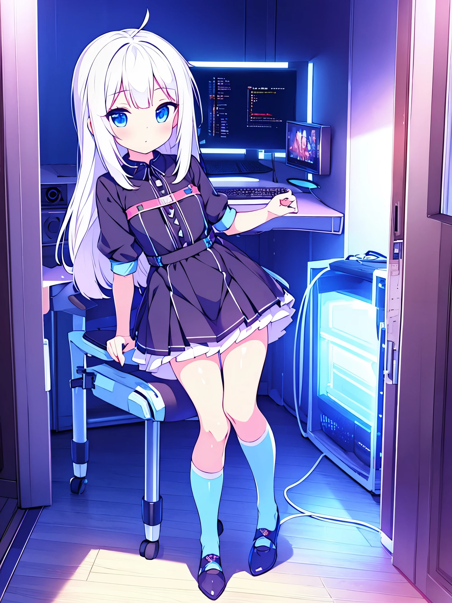 1 beautiful girl excellent quality perfect anatomy vtuber white hair light blue eyes  long stockings in room rgb led pc gaming 