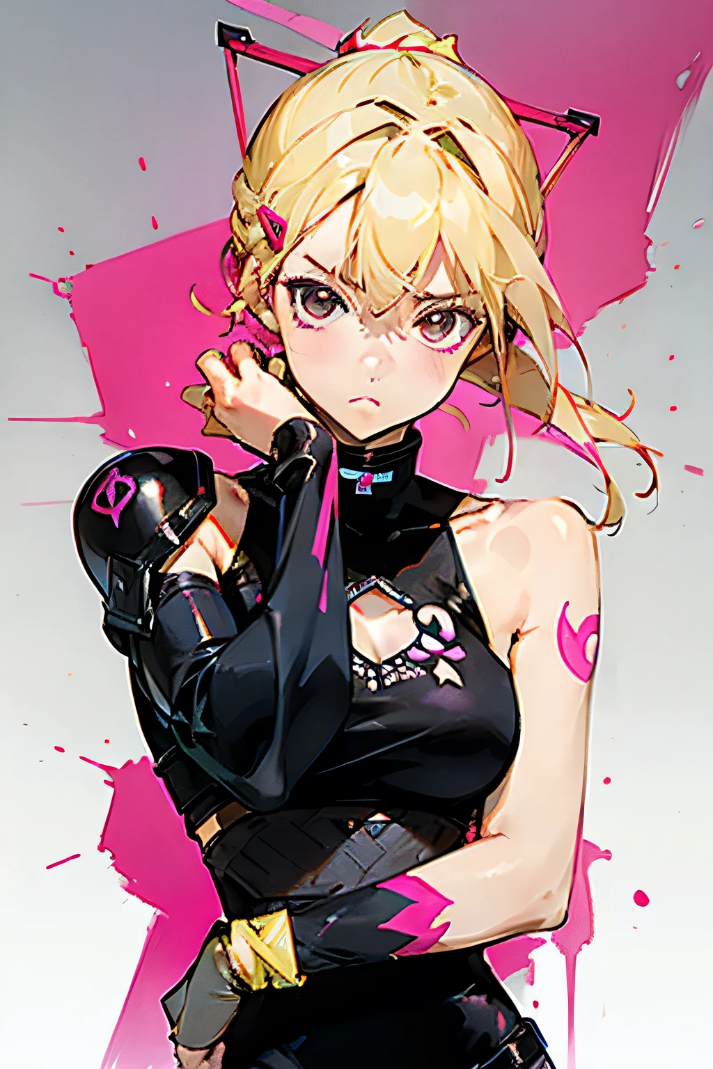 1 girl, Blonde hair, Blonde Woman, Pony tail, bright pink eyes, PastelColors, big breastes, Cute Hair Clips, body tattoos, Bracelet in hand, Movie Posters、It depicts a young woman as the central character。She stands confidently in the center of the poster，Wear a trendy cyborg futuristic outfit，with determined expressions on their faces。Dark and grainy background，There is a sense of crisis and a strong sense。The text turned out to be bold、Attracted attention，With catchy slogans，Adds overall drama and excitement。The color palette is dominated by dark colors，Dotted with bright colors