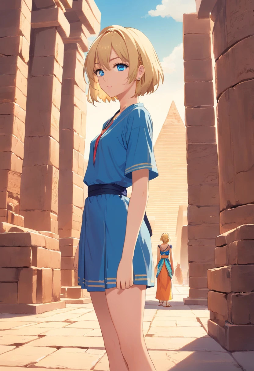 Women, ((Blonde)), ((Blue eyes)), ((Short hair)), ((Full shot)), very detailed makeup, pale pink lipstick, long earrings, bare shoulders, Dressed in an ancient Egyptian costume, short and in the background you can see the pyramids, we see her in full body, she wears sandals and the floor is made of bricks