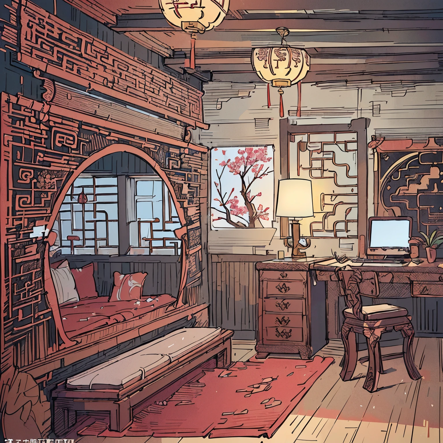 There is a room，Inside there is a table and a mirror, Beautiful rendering of the Tang Dynasty, 8k high quality detailed art, interior background technology, Relaxation concept art, background technology, In line with Chinese aesthetics, Personal room background, Highly detailed interior, Eye-catching and detailed art style, Cyberpunk Chinese Ancient Castle, by Ni Yuanlu, Highly detailed scenes, by Yu Zhiding