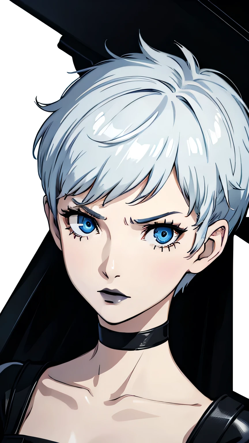 1 girl, blue eyes, black choker, Black lipstick, portrait, angry, white hair, Black combat suit, Pixie tomboy haircut