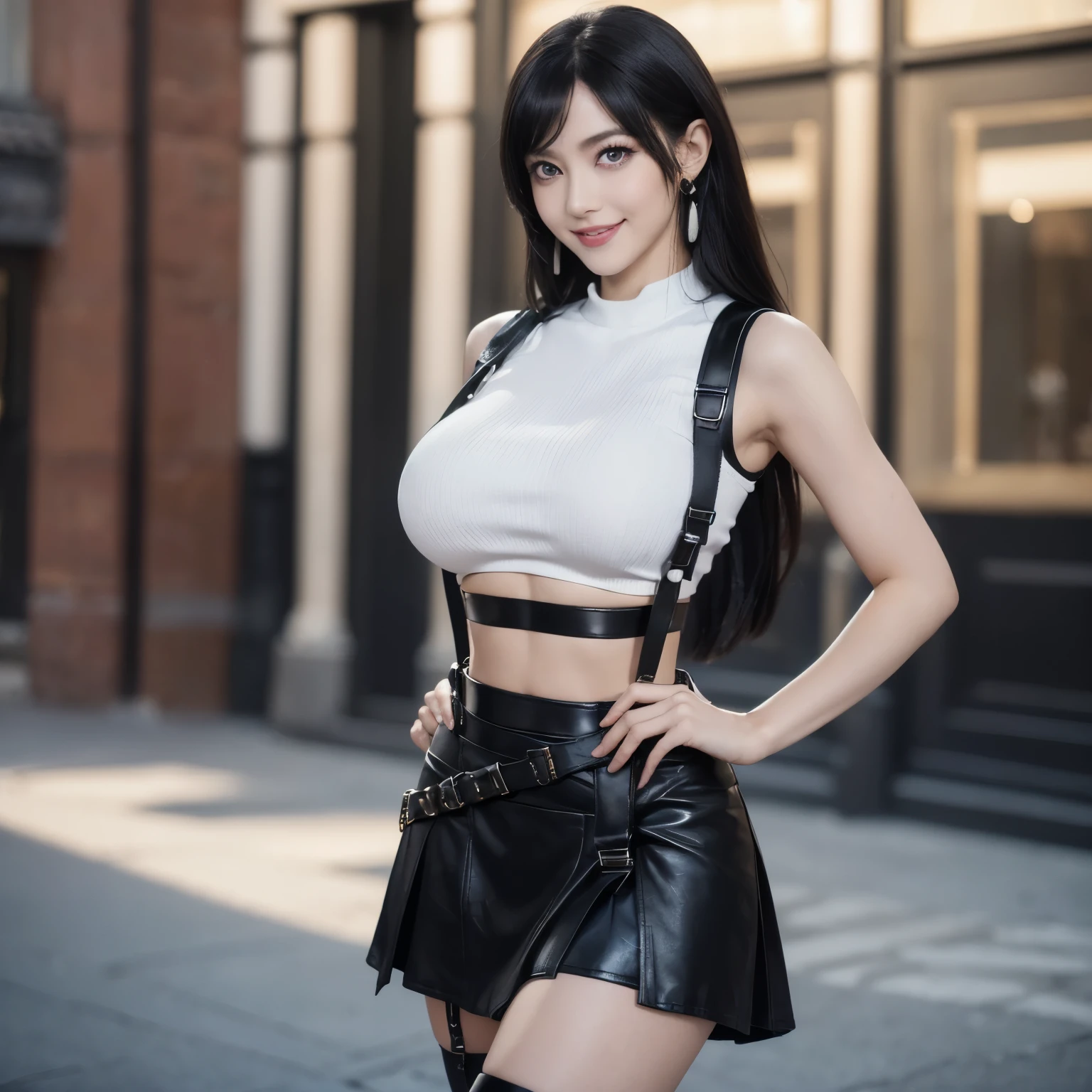 ((masterpiece)), (UHD), (detailed skin, detailed hair, detailed eyes, detailed finger, detailed fabric), Tifa Lockhart, ((1 young beautiful girl, solo:1.1)), cute Japanese, eye iris, red eye iris,(eyes, (big eyes:1.3)), hair, (black hair, very long hair), (Breasts,(Natural Breasts, big breasts:1.2)), (body, shape, hourglass body shape, slim), (happy smile), realistic, lips, parted lips, (skirt, Leather skirt, (mini skirt)), ((crop top, White crop top, sleeveless), (Black belt, black braces, suspenders)), earrings, jewelry, bangs, full body view, camera focus on character, (hand, gear, red hand gear), outdoor, smile, happy smile