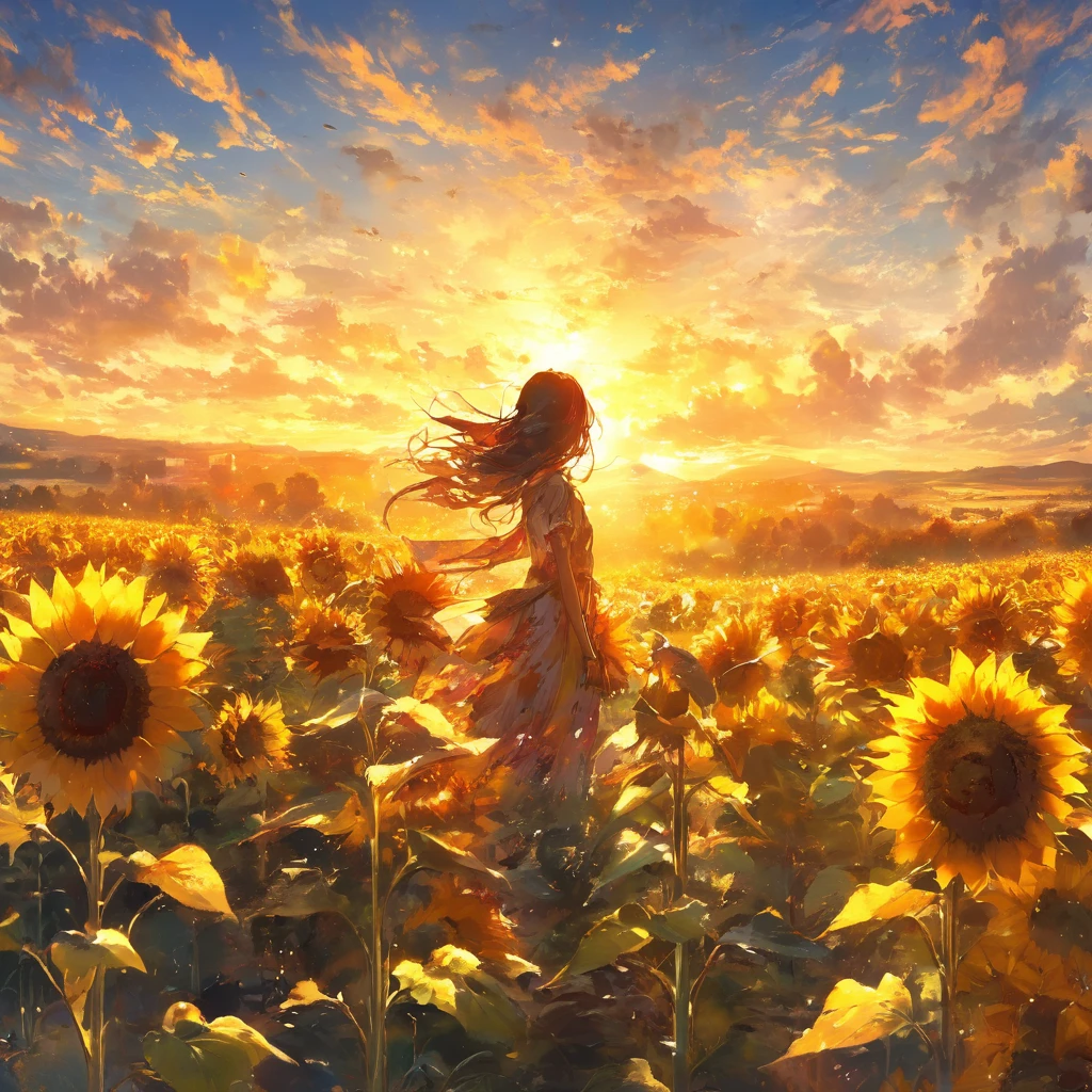 masterpiece, Concept Art, Panorama, At the center, figure, Wide Shot, Dynamic Lighting, Bright colors, sunflower,1 girl,