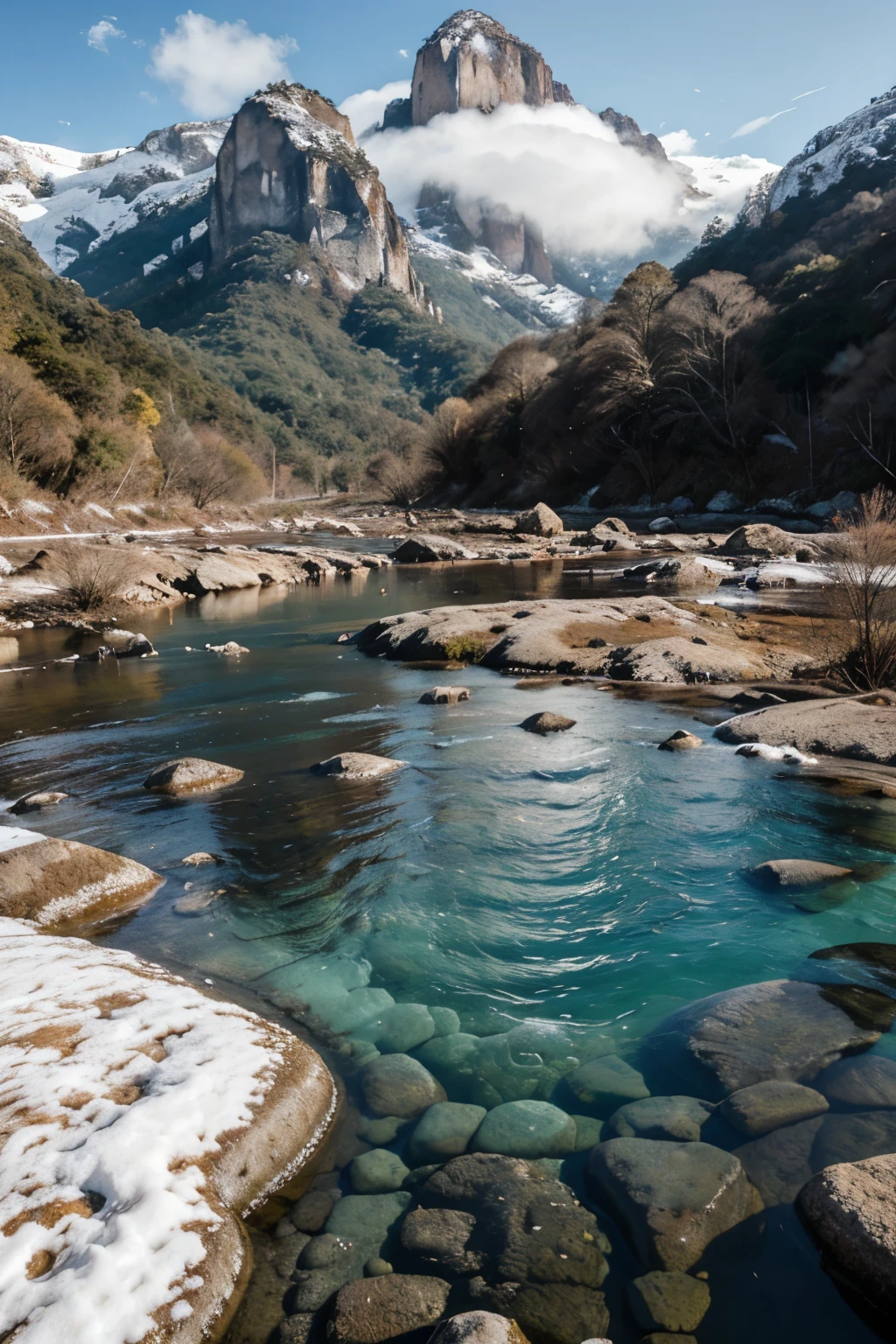 postal rio de agua cristalimna y pura, en primera plano costado izquierdo una roca de superficie plana, efecto corriente en el agua, de fondo cordilleras repletas de nieve, calidad full hd, 16k, realista, fotografia profesional