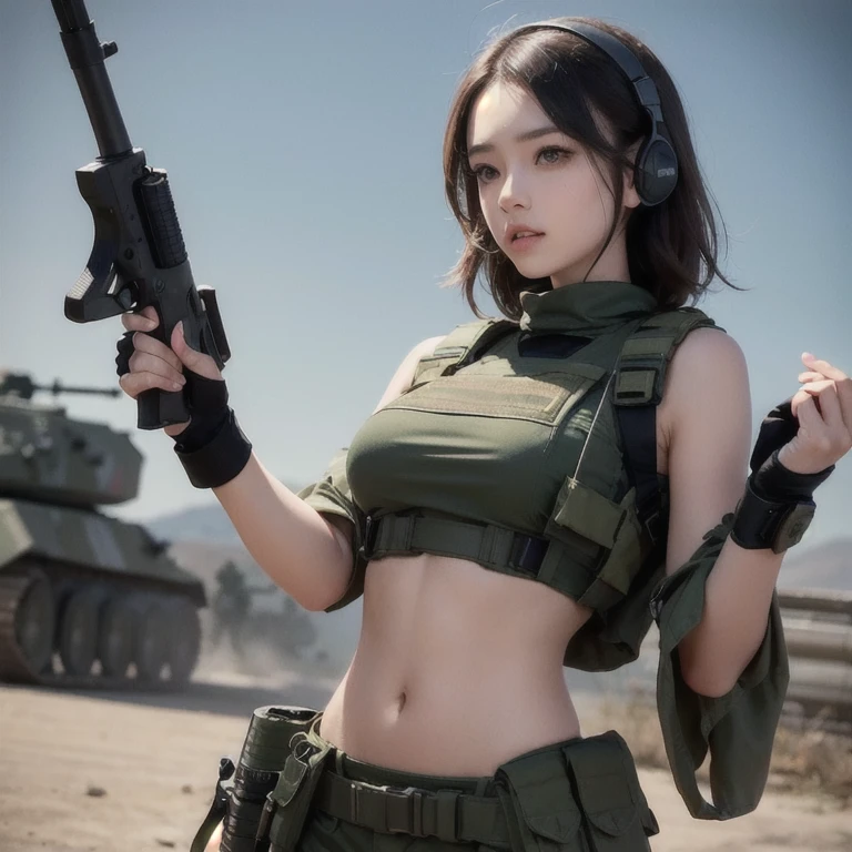 a woman in a white outfit holding a rifle and wearing headphones, 24-year-old woman, Filipino woman, tan bronze skin, soldier girl, mechanized soldier girl, military girl, beautiful female soldier, female lead character, infantry girl, of a sniper girl in war, solo female character, future combat gear, close up half body shot, Women in crop top military bulletproof vest, ((showing navel)), exposed abdomen area, quiet from metal gear solid v, wearing tactical gear, dressed in tactical armor, (((hands up surrender))), ignore hand