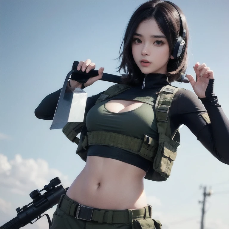 a woman in a white outfit holding a rifle and wearing headphones, 24-year-old woman, Filipino woman, tan bronze skin, soldier girl, mechanized soldier girl, military girl, beautiful female soldier, female lead character, infantry girl, of a sniper girl in war, solo female character, future combat gear, close up half body shot, Women in crop top military bulletproof vest, ((showing navel)), exposed abdomen area, quiet from metal gear solid v, wearing tactical gear, dressed in tactical armor, (((hands up surrender))), ignore hand