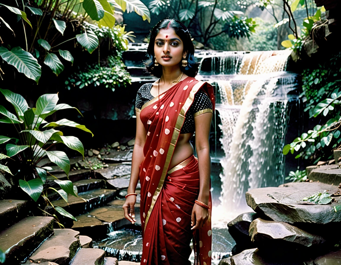 Analog color film photograph of an extremely beautiful Indian woman, wears a red Saree with white polka dots, with dark perfect eyes, short straight black hair, standing alongside a waterfall splits to reveal a stone staircase, ancient, ethereal, colorful, rays of light, vegetation —ar 5:2