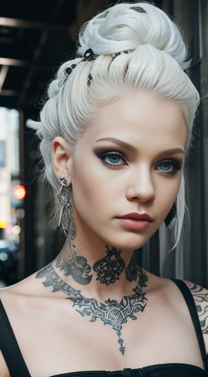 Tips for the first topic are as follows: quality, 8K, 32K, On a table:1.3), ultra - detailed, (realistically:1.4), white colors, albinism, punk girl, Detailed eyes, upper part of body, Luxurious Punk Hairstyle, Avant-garde punk fashion, Avant-garde makeup, numerous piercings, Have lots of tattoos, streets background, backlight effect, shallowdepthoffield, vague background"
