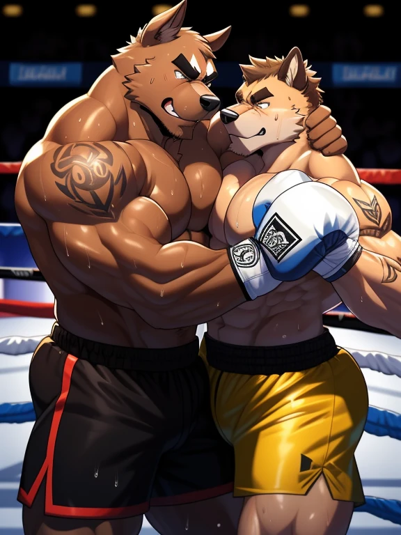 Duo male fighters(Brown Dog vs Brown Dog, handsomes, perfect eyes, Thick eyebrows), Staring(They are cuddling embraced around their necks, body frottage, in a boxing match), hot(Shirtless), handsomes(They are handsomes, correct anatomy), musculosos(Big muscle bodies, Six packs, muscle abs, big pecs, muscle legs, muscle backs), sweaty(very sweaty wet bodies, shiny sweat), tatuajes(they have tattoos), Angry(They have an angry expression), Boxing gloves(They both are wearing boxing gloves), Shorts(They are wearing black boxing shorts), Hight resolution