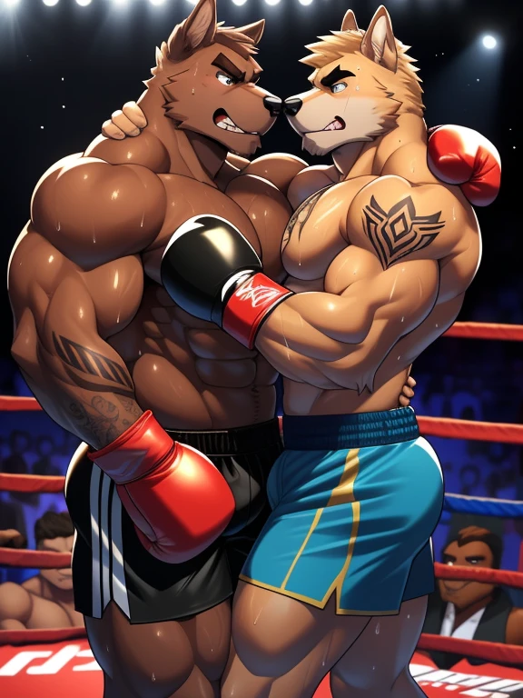Duo male fighters(Brown Dog vs Brown Dog, handsomes, perfect eyes, Thick eyebrows), Staring(They are cuddling embraced around their necks, body frottage, in a boxing match), hot(Shirtless), handsomes(They are handsomes, correct anatomy), musculosos(Big muscle bodies, Six packs, muscle abs, big pecs, muscle legs, muscle backs), sweaty(very sweaty wet bodies, shiny sweat), tatuajes(they have tattoos), Angry(They have an angry expression), Boxing gloves(They both are wearing boxing gloves), Shorts(They are wearing black boxing shorts), Hight resolution
