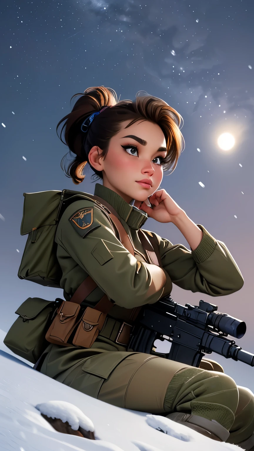 high quality, best quality, masterpiece, extremely fine and beautiful and detailed, professional photograph, (extremely beautiful face:1.0), appropriate lighting, realistic, 
beautiful russian girl, blushed cheeks, closed mouth, short hair with short ponytail, snowing battlefield, (armored vehicle,:0.7) military snow camouflage uniform, (carry a detailed assault rifle with sling belt,:0.7) (sitting and looking up midnight sky, from side below,:1.2)