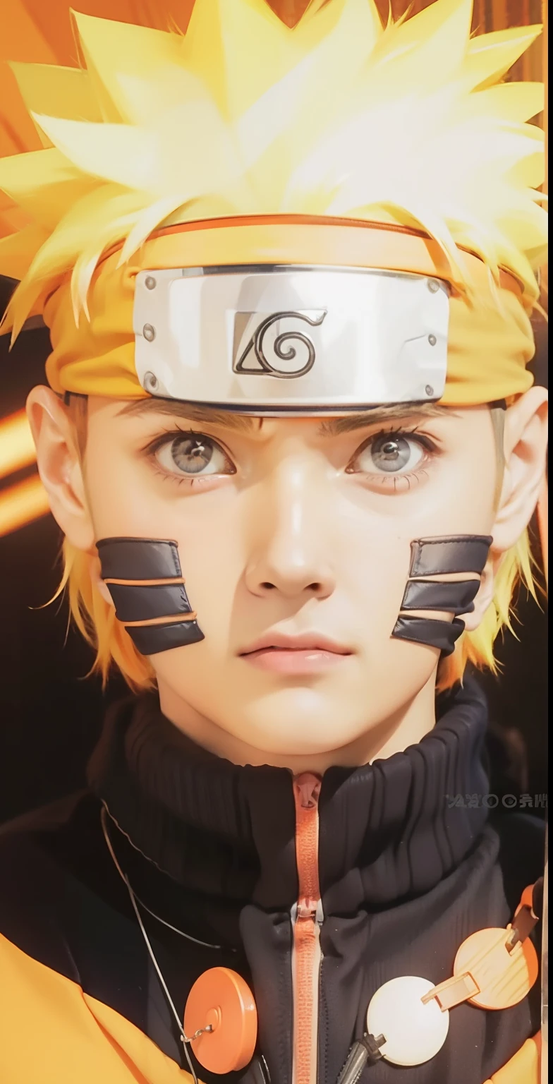 naruto uzumaki, Leaf headband, Orange turtleneck jacket , Orange Eyes, The whole face is bright, Angry face, 3 strips on the side, Portrait Photography, Real Humans、Realistic Hair、