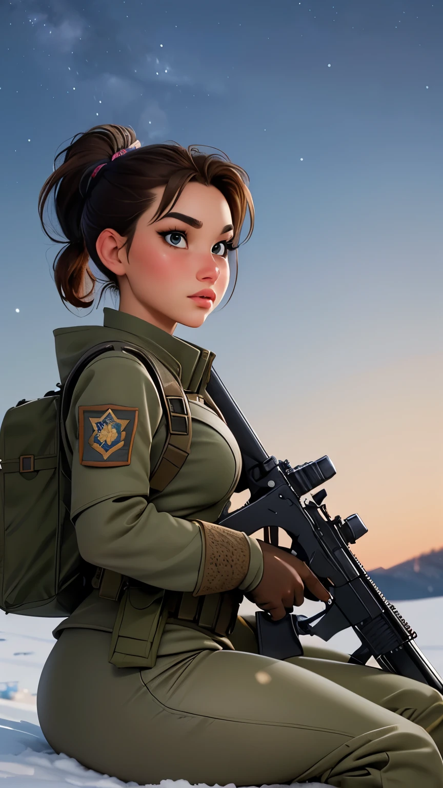 high quality, best quality, masterpiece, extremely fine and beautiful and detailed, professional photograph, (extremely beautiful face:1.0), appropriate lighting, realistic, 
beautiful russian girl, blushed cheeks, closed mouth, short hair with short ponytail, snowing battlefield, (armored vehicle,:0.7) military snow camouflage uniform, (carry a detailed assault rifle with sling belt,:0.7) (sitting and looking up midnight sky, from side below,:1.2)