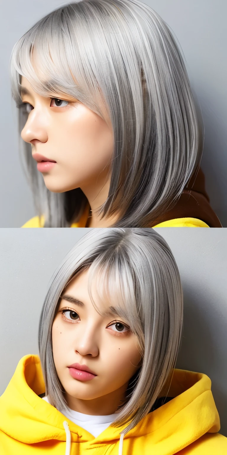 Straight Hair、Gray Hair、girl、yellow motif、Grey Eyes、Yellow pin、Yellow and white gradient hoodie、Orange inner color、profile、