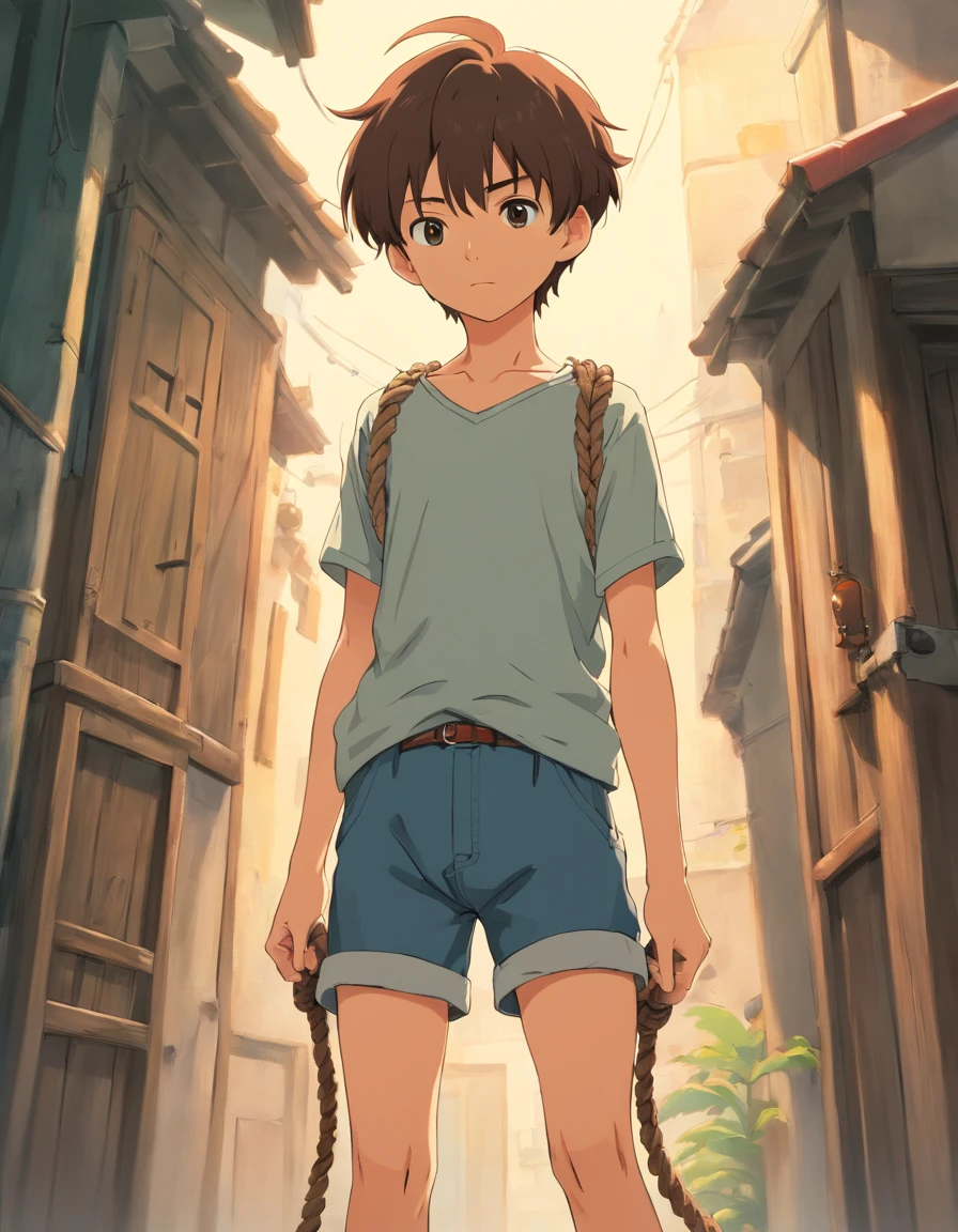 Boy in shorts, short hair, tied up with rope, hands behind back