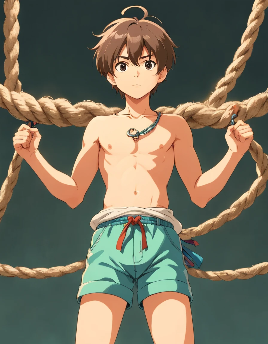 Boy in shorts, short hair, tied up with rope, hands behind back