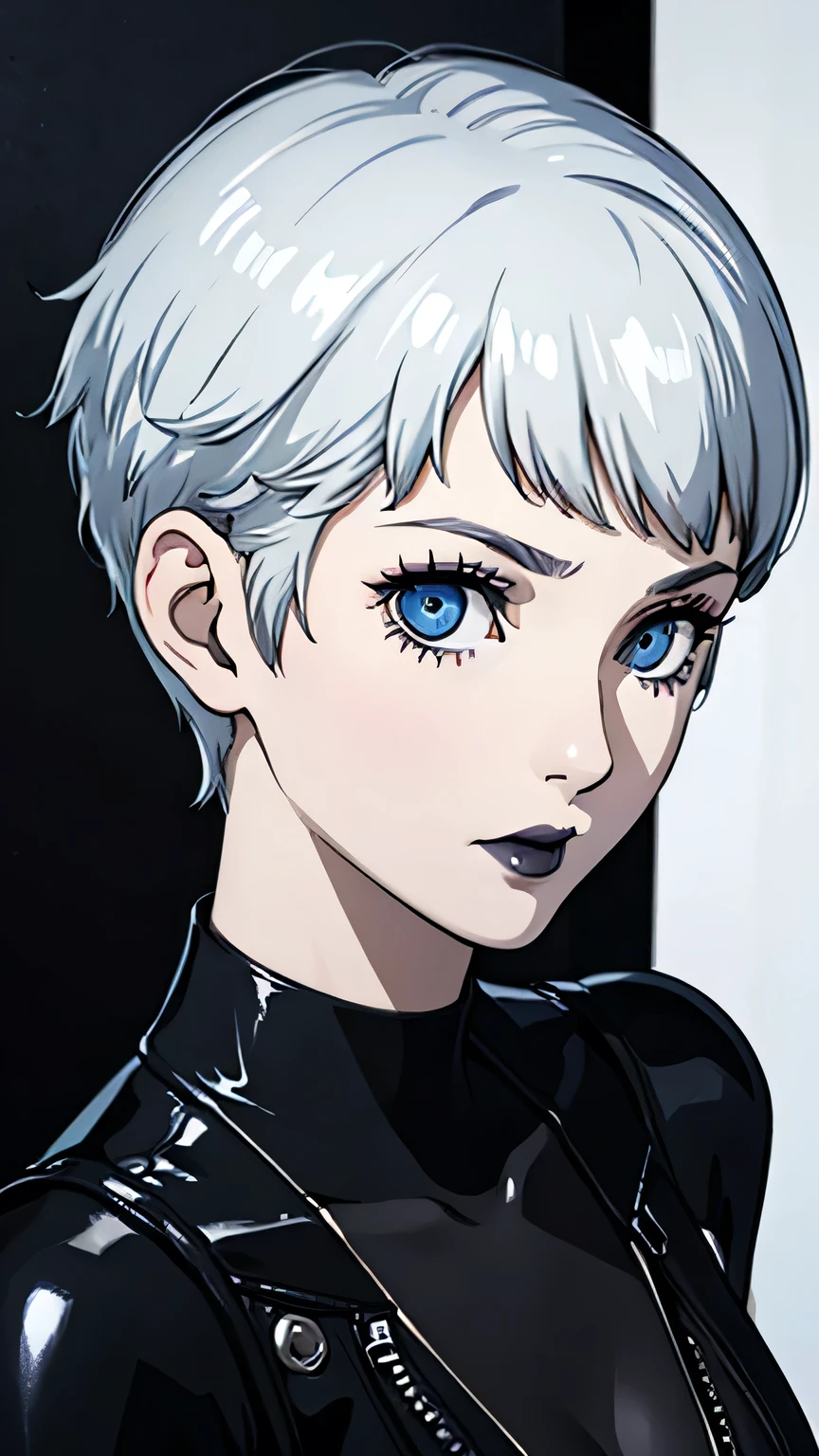 1 girl, blue eyes, black choker, Black lipstick, portrait, unexpressive face, white hair, Black combat suit, Pixie tomboy haircut