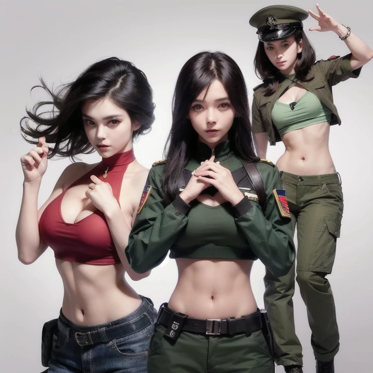 
Women in crop top soldier uniform, soldier hat, medal on the chest,  exposed abdomen area, very low waist cargo pants, navel, ((hands up surrender)), got captured by some men