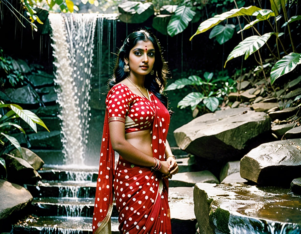 Analog color film photograph of an extremely beautiful Indian woman, wears a red Saree with white polka dots, with dark perfect eyes, short straight black hair, standing alongside a waterfall splits to reveal a stone staircase, ancient, ethereal, colorful, rays of light, vegetation —ar 1:1