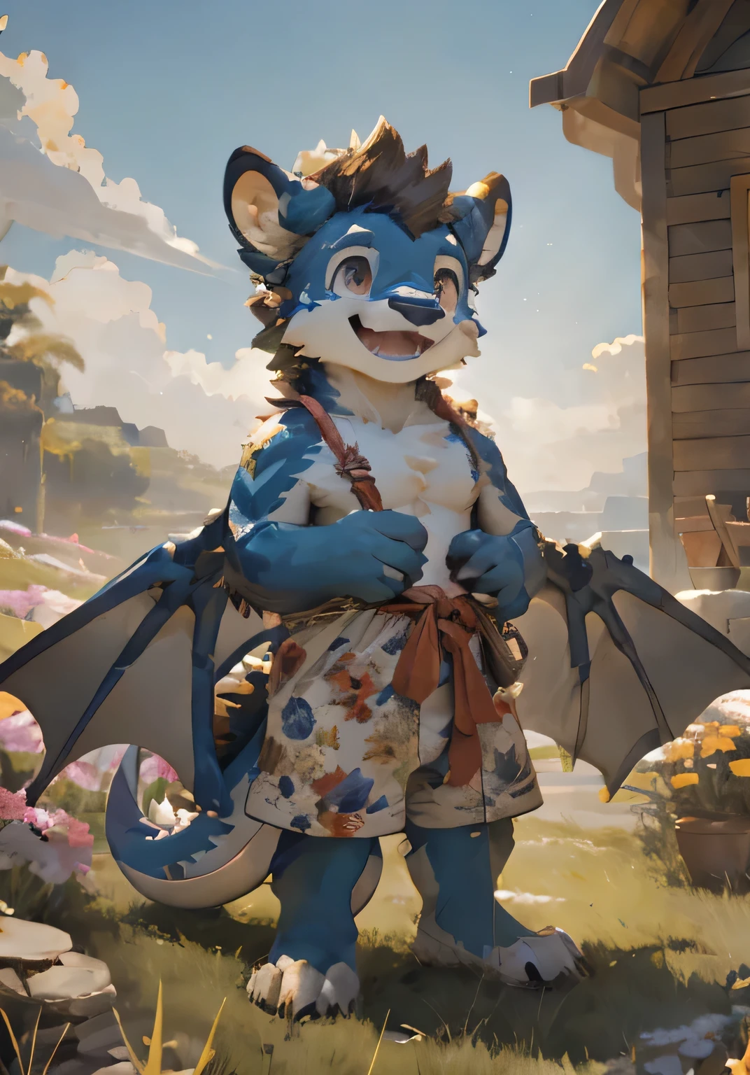 (masterpiece)，(Very detailed)，(best quality)，hairy，dragon，Light blue fur，brown hair，Black pupil，（juvenile），（Naked upper body），((Happy expression))，Room Background，8k，(high quality)，(Ultra HD)，(Ultra Detailed)，Perfect sunshine，（Standing on the grass），Bare chest，（juvenile），Dress cutely，Top view，One-legged standing position