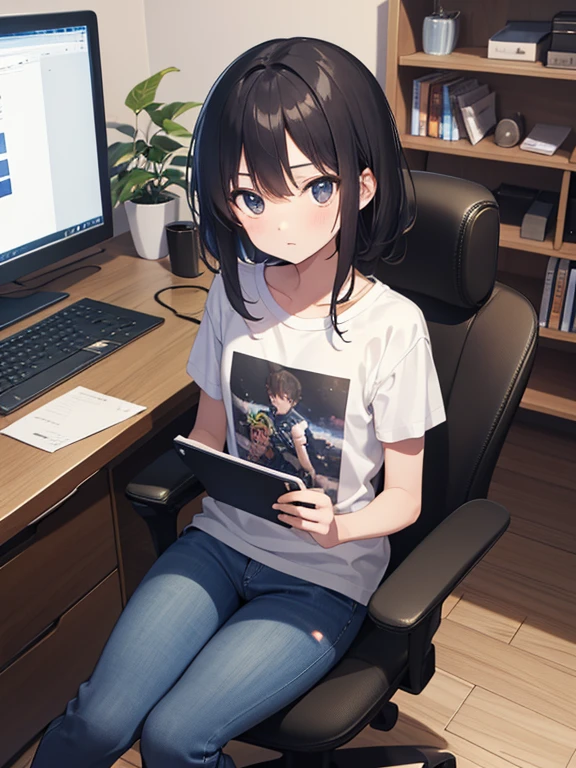 masterpiece, highest quality, Very detailed, 16k, Ultra-high resolution, One 12-year-old boy, Detailed face, black eye, Black Hair, T-Shirts, jeans, My Room, Swivel chair, Laptop on desk, Operating a computer。