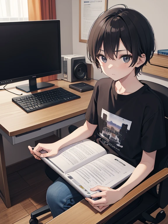 masterpiece, highest quality, Very detailed, 16k, Ultra-high resolution, One 12-year-old boy, Detailed face, black eye, Black Hair, T-Shirts, jeans, My Room, Swivel chair, Laptop on desk, Operating a computer。