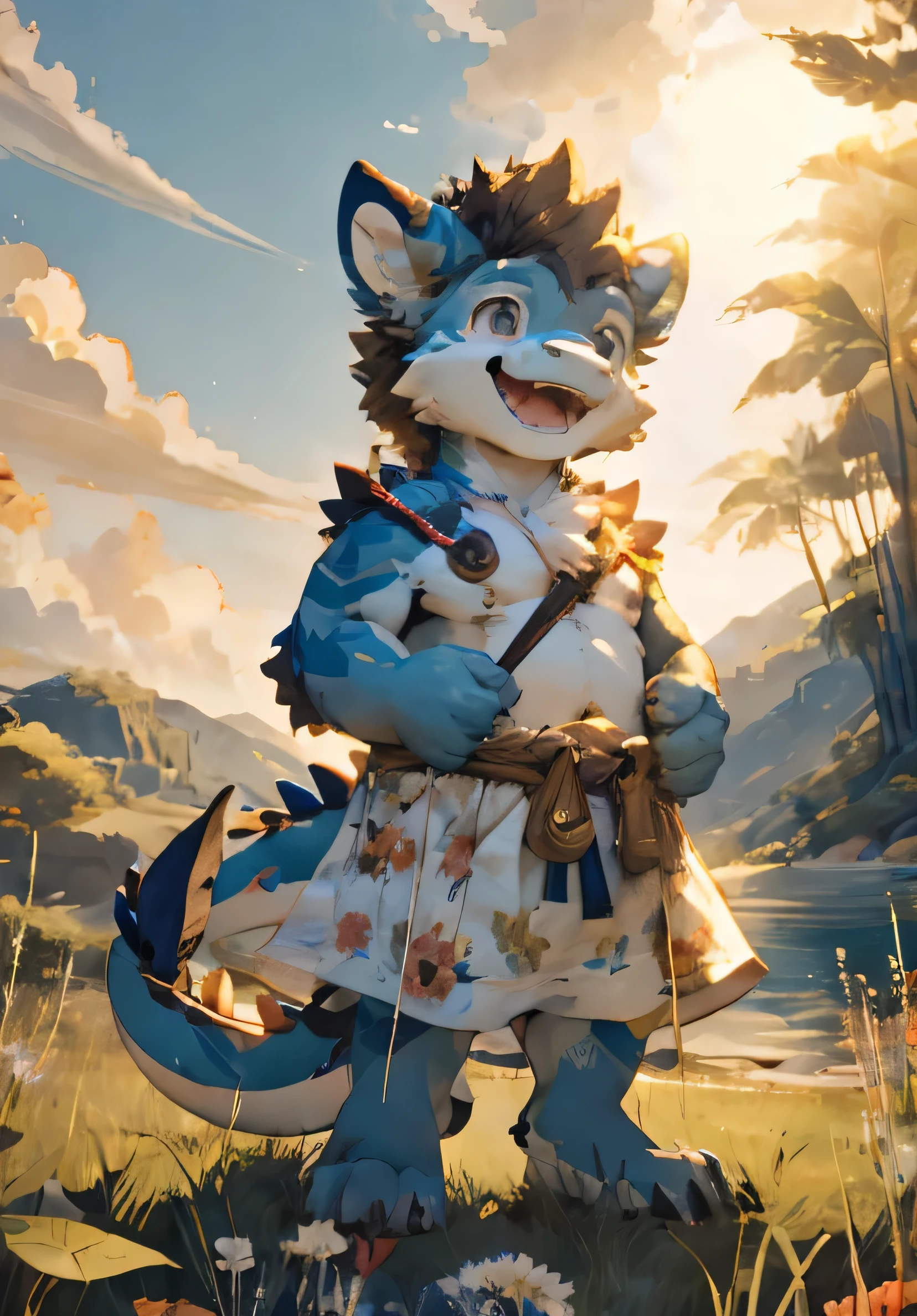 (masterpiece),(Very detailed),(best quality),hairy,dragon,Light blue fur,brown hair,Black pupil,(juvenile),(Naked upper body),((Happy expression)),Room Background,8k,(high quality),(Ultra HD),(Ultra Detailed),Perfect sunshine,(Standing on the grass),Bare chest,(juvenile),Dress cutely,Top view,One-legged standing position