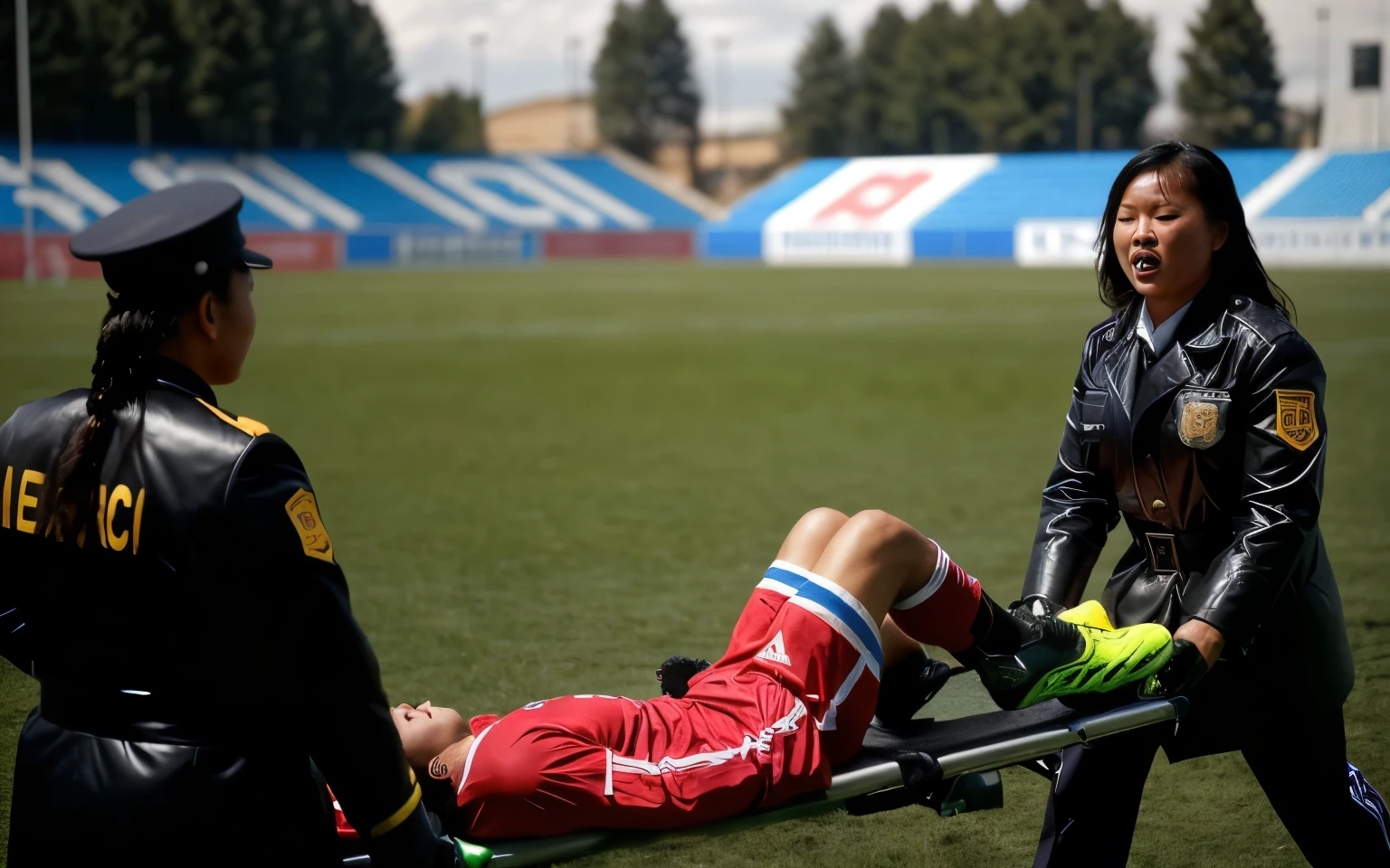 A scene at a soccer stadium in Mongolia, There is an attractive and heavily made-up Mongolian female police officer in a long black leather coat, A Mongolian female police officer in a shiny black leather coat on a soccer field, A Mongolian female police officer is holding a stretcher, A man is lying on the soccer stadium his back with his torso on the right in matt and roughened white and red sportswear on a stretcher, a man lies on a stretcher and has his left arm bent over his face, we only see the torso and thighs of the male athlete who is being carried with the stretcher to the left off the picture, the man lies on his back on the stretcher and covers his face with his bent left arm, the mongolian policewoman is exceptionally heavily made up and has an extremely desperate and very angry expression on her face, high-resolution photo, realistic sports photo, soccer scene, mongolia, mongolian policewoman, uniformed woman in black shiny long leather coat, injury scene, real photo, ultra realistic, high definition, sports photography