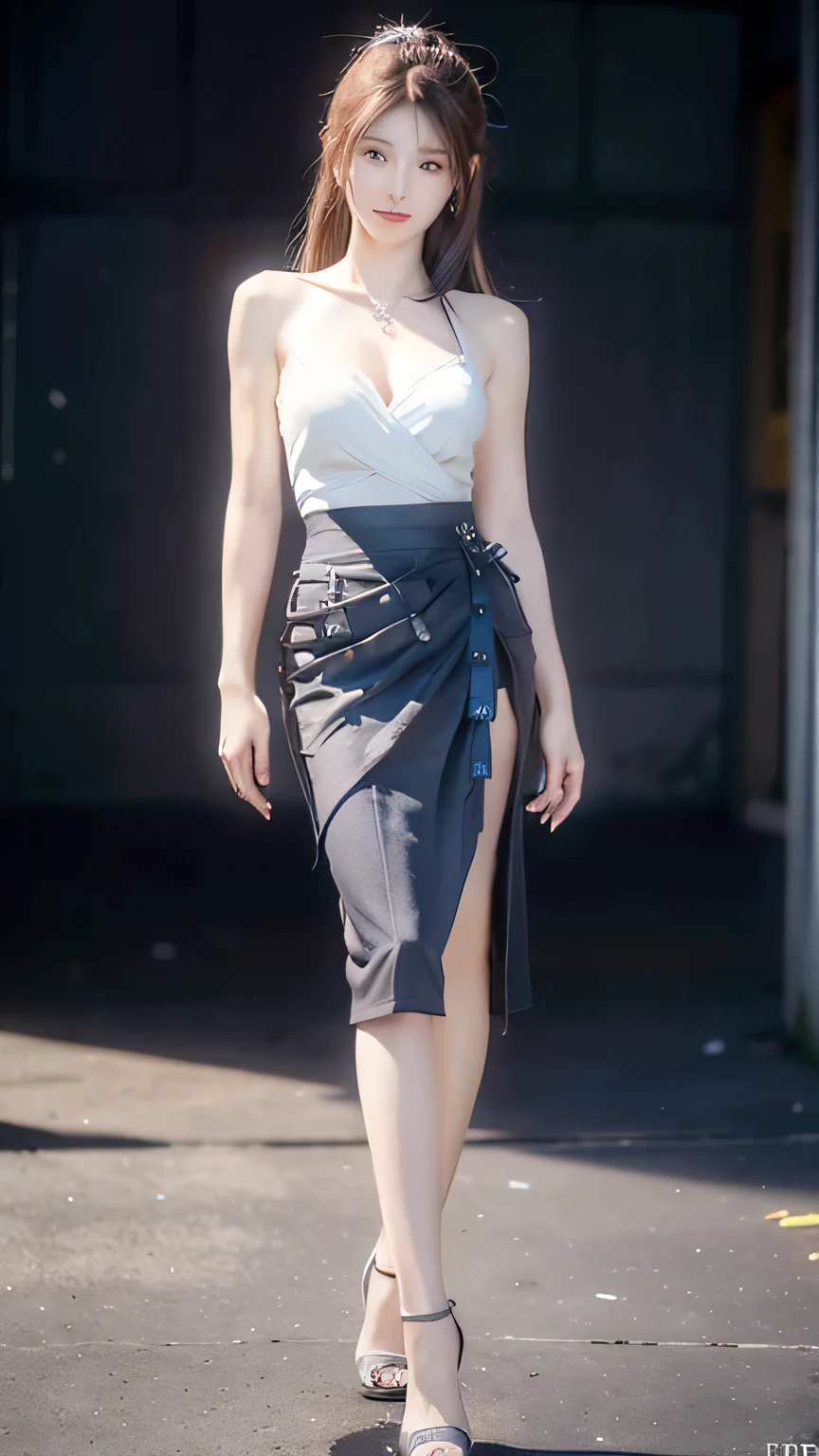 An innocent 20-year-old girl, (Wrap top:1.5), (Pencil skirt:1.5), (high heels), (Dramatic Pose),smile, (High Ponytail),downtown、RAW Photos, (8k, highest quality, masterpiece:1.2), (Intricate details:1.4)、(Photorealistic:1.4), Octane Rendering, Complex 3D rendering with ultra-detail, Studio Soft Light, Rim Light, Vivid details, Super Detail, Realistic skin texture, Detailed aspect, Beautiful details in the eyes, Highly detailed CG Unity 16k wallpaper, compensate, (Detailed Background:1.2), Glowing Skin, whole body, (thin legs:1.2), (small waist), (Cleavage), (looking at viewer:1.2)