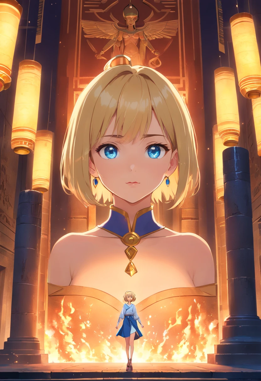 17 years old Women, ((Blonde)), ((Blue eyes)), ((Short hair)), ((Full shot)), very detailed makeup, pale pink lipstick, long earrings, bare shoulders, Dressed in an Egyptian pharaoh costume, she stands in an ancient, dark temple with the statue of the god in the background, it is illuminated by fire lamps on the ground