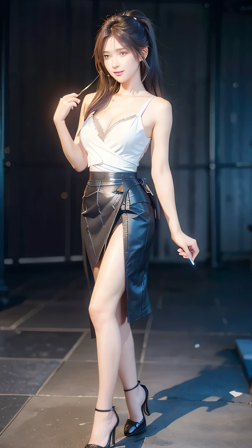 An innocent 20-year-old girl, (Wrap top:1.5), (Pencil skirt:1.5), (high heels), (Dramatic Pose),smile, (High Ponytail),downtown、RAW Photos, (8k, highest quality, masterpiece:1.2), (Intricate details:1.4)、(Photorealistic:1.4), Octane Rendering, Complex 3D rendering with ultra-detail, Studio Soft Light, Rim Light, Vivid details, Super Detail, Realistic skin texture, Detailed aspect, Beautiful details in the eyes, Highly detailed CG Unity 16k wallpaper, compensate, (Detailed Background:1.2), Glowing Skin, whole body, (thin legs:1.2), (small waist), (Cleavage), (looking at viewer:1.2)