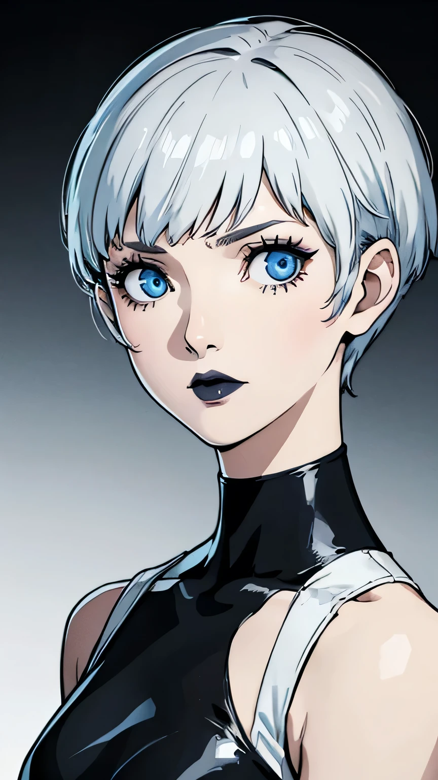 1 girl, blue eyes, black choker, Black lipstick, portrait, unexpressive face, white hair, Black combat suit, Pixie tomboy haircut