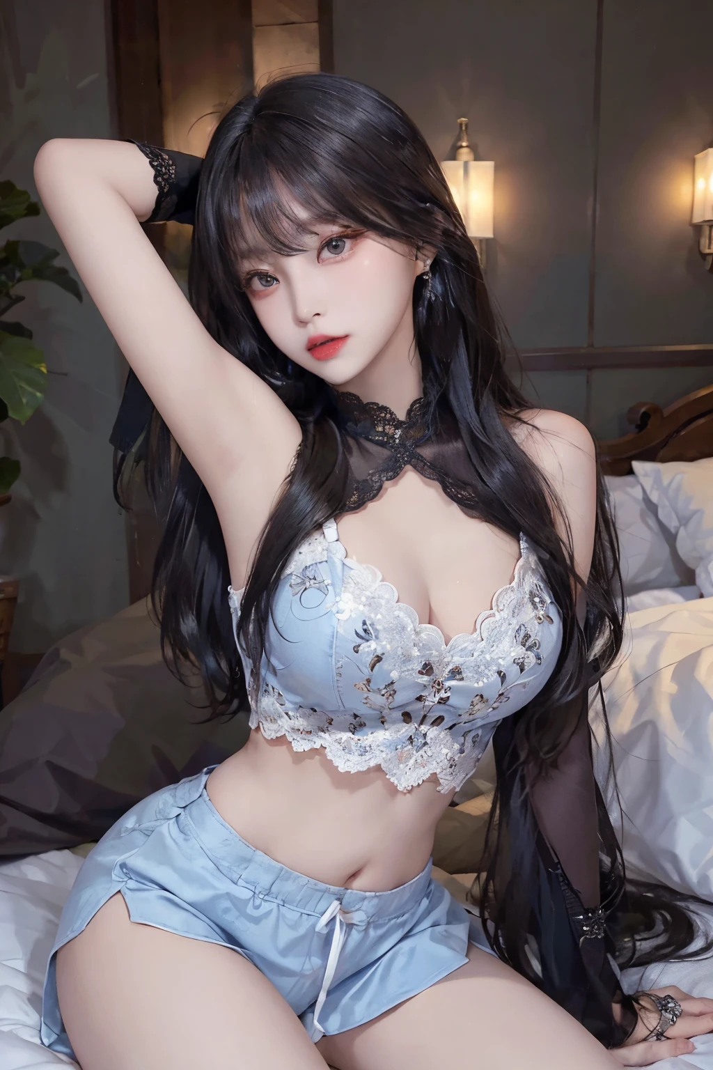 Top image quality、Raw photography、A high resolution、20-year-old cool Korean、big round chest、lace crop top、Beautiful Eyes of Details、very elongated eyes、Beautiful eyelashes、Beautiful double eyelids、eyeshadows、long legs,medium thighs, beautiful eyes finely detailed、elongated eyes、long eyeslashes、Beautiful double eyelids、eyeshadows、earrings、shiny skin、 1 girl, solo, sexy pose, lace boxers,