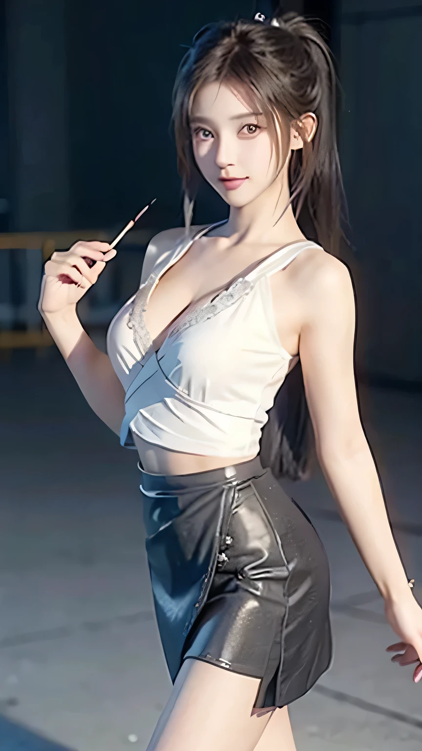 An innocent 20-year-old girl, (Wrap top:1.5), (Pencil skirt:1.5), (Dramatic Pose),smile, (High Ponytail),downtown、RAW Photos, (8k, highest quality, masterpiece:1.2), (Intricate details:1.4)、(Photorealistic:1.4), Octane Rendering, Complex 3D rendering with ultra-detail, Studio Soft Light, Rim Light, Vivid details, Super Detail, Realistic skin texture, Detailed aspect, Beautiful details in the eyes, Highly detailed CG Unity 16k wallpaper, compensate, (Detailed Background:1.2), Glowing Skin, whole body, (thin legs:1.2), (small waist), (Cleavage), (looking at viewer:1.2)